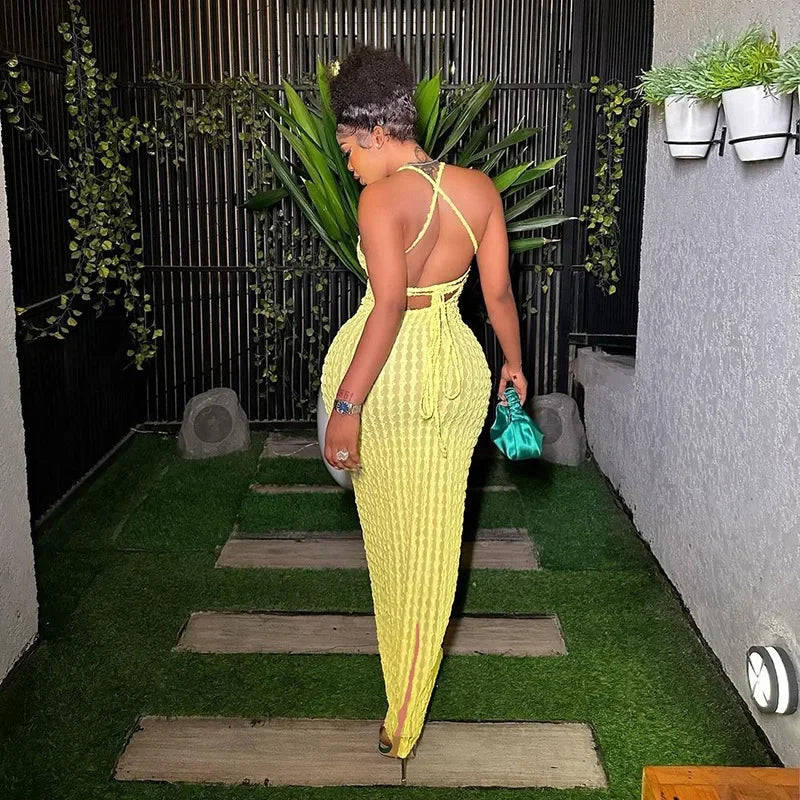 ANJAMANOR Halter Backless Maxi Summer Dresses for Women 2023 Sexy Beach Vacation Outfits Yellow Frilled Slit Long Dress D96-BH26