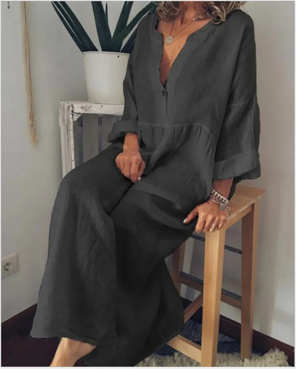 New in Spring Elegant Long Dresses for Women Long Sleeved V-neck Fashion Summer Dresses 2024 Loose Retro Female Clothing Robe