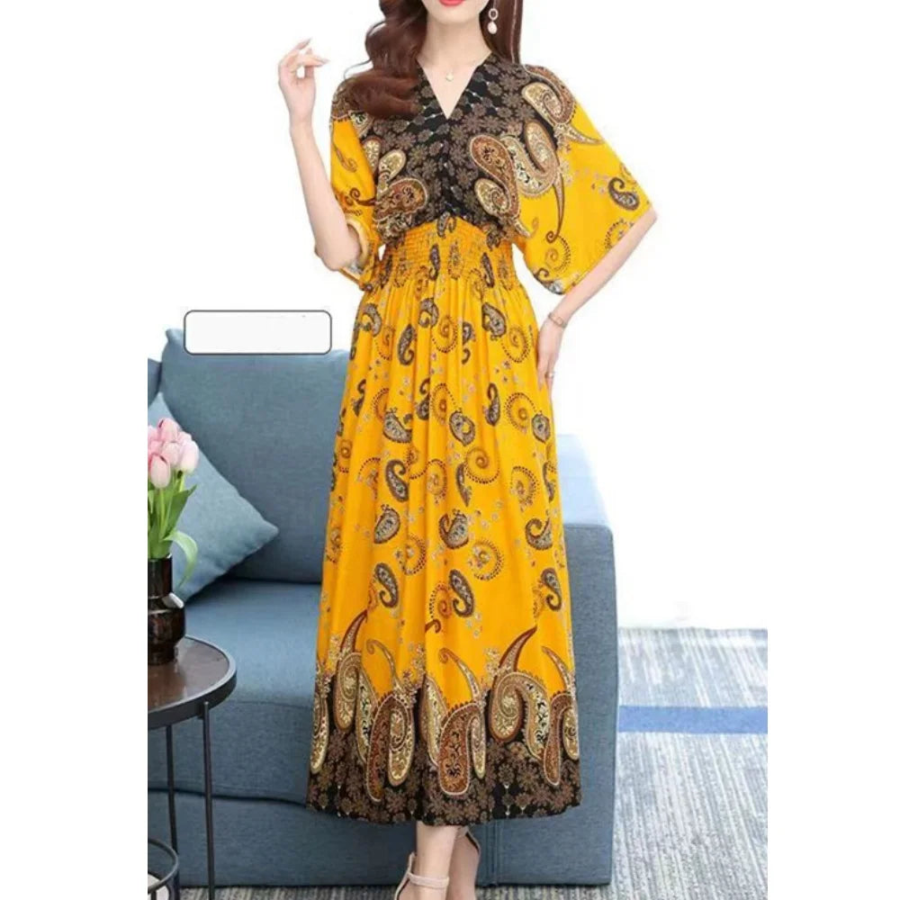 Spring New In Women's Dress V-Neck Short Sleeve Dress Elegant Sweet Print Dress Casual Retro Boho Elastic Waist A-Line Dress