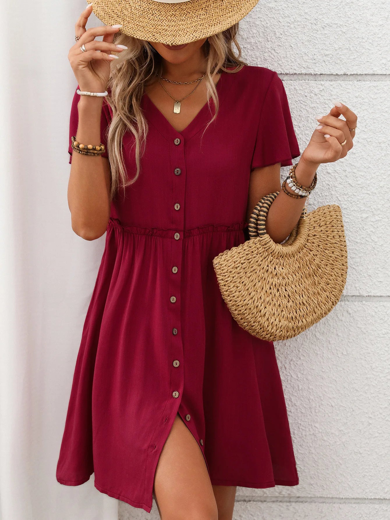 Spring Summer Button Down Dress Flutter Sleeve Cotton Linen A Line Dress With Pockets Beach Summer Knee Length Dresses For Women