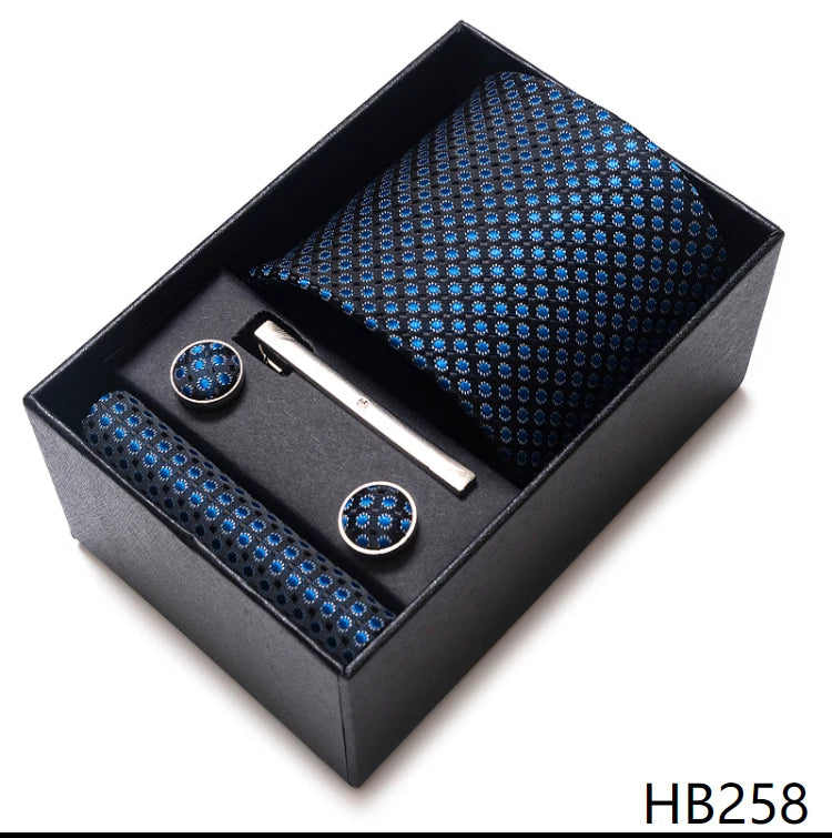 Tie Handkerchief Cufflink Set For Men Necktie Holiday Gift Box Blue Gold Suit Accessories Slim Wedding Gravatas