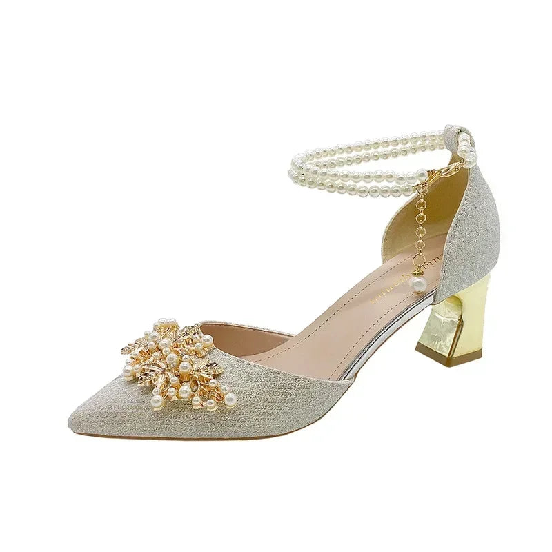 Ladies Shoes on Sale Fashion Pointed Metal Beaded Solid Women's High Heels Summer Leisure Banquet Women Wedding Pump 2024