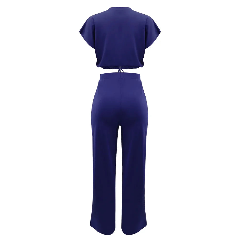 Women Casual Round Neck Drawstring Short Sleeve Top & High Waist Pants Set Summer Solid Two Piece Suit Sets Outfits Set Female