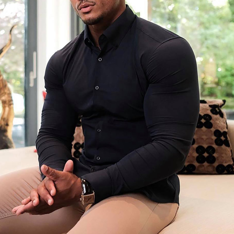 Spring Autumn New Fashion Long Sleeve Shirt Mens Super Slim Fit Luxury Classic Turn-down Single Breasted Business Dress Shirt