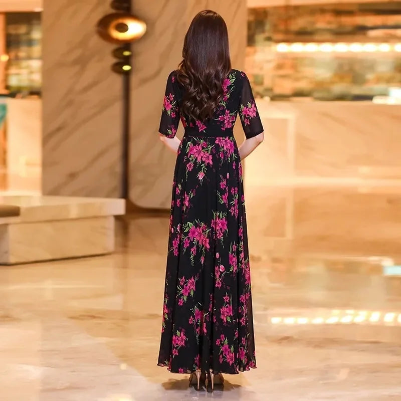 Womens Dresses Fashion Summer Dresses 2024 Summer Senior red Print Dress Long Loose Temperament Waist Loose Big Swing Dress