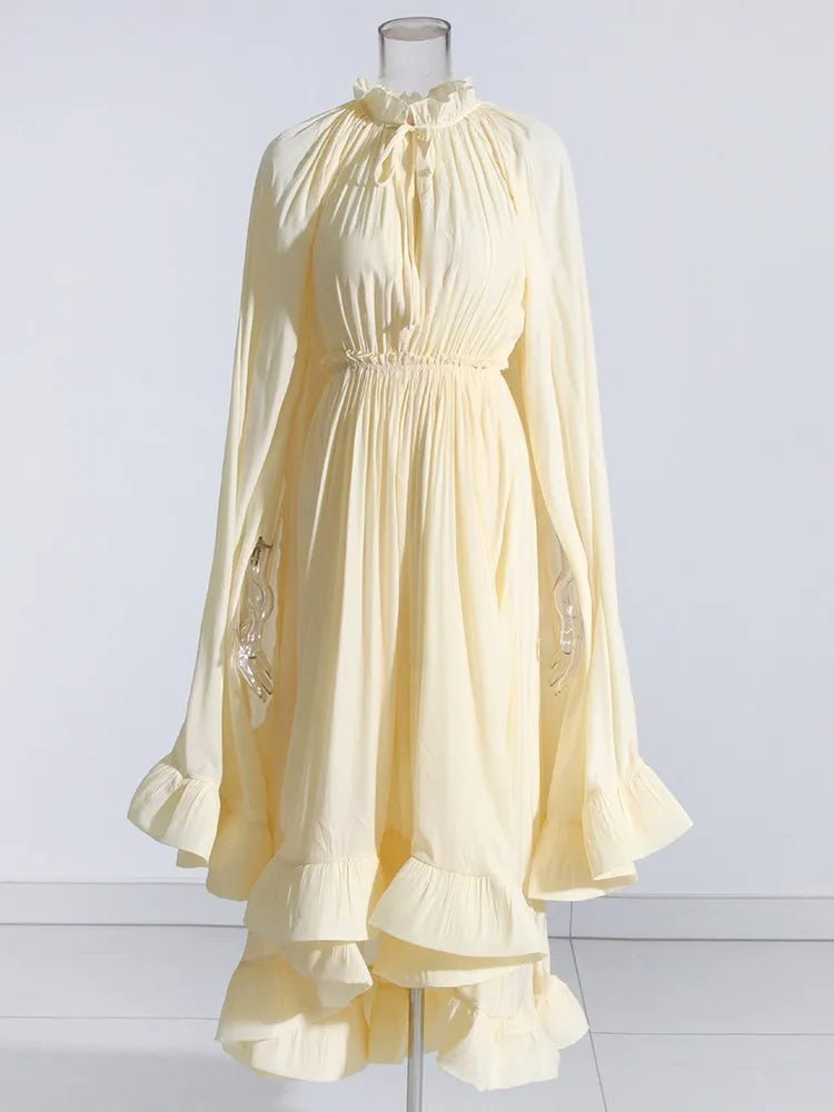TWOTWINSTYLE Elegant Solid Dresses For Women V Neck Cloak Sleeves High Waist Spliced Lace Up Ruffles Pleated Dress Female Summer