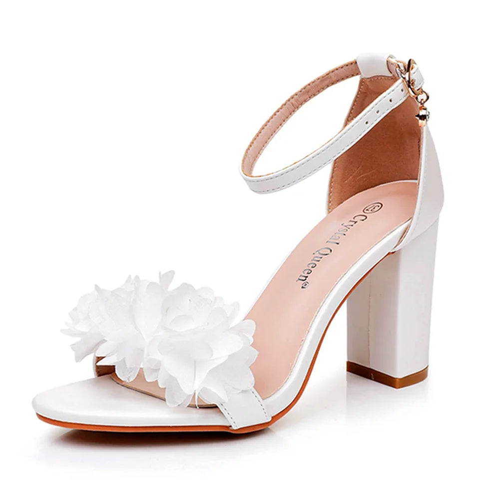 Flower Band Bridesmaide Shoes Woman Wedding High Heels Sandals Ankle Strap Wedges Cover Heeled Tacones Ladies Office Dress Pumps