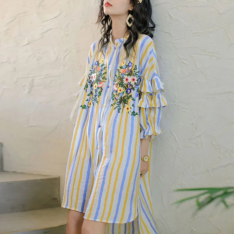 Spring Summer Floral Embroidery Dresses Contrasting Colors Striped Female Single-breasted Ruffles Spliced Straight Midi Dress