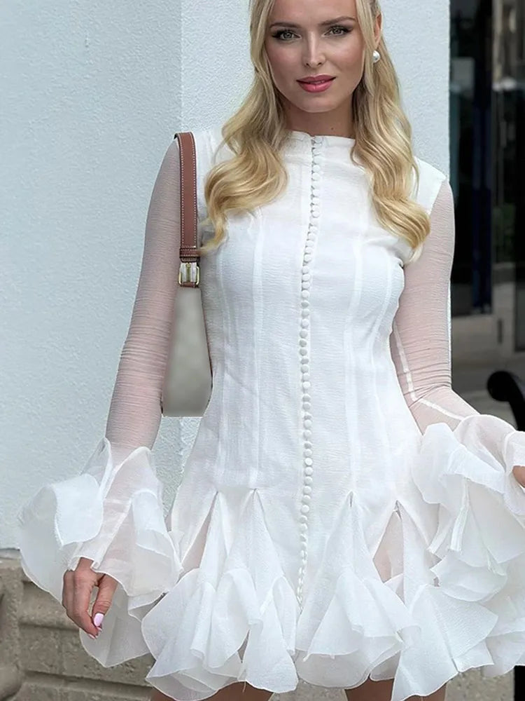 Solid Women Layered Ruffles Midi Dress Fashion Irregular Pleated A-line Long Sleeve Button Robe 2025 Female High Street Vestidos