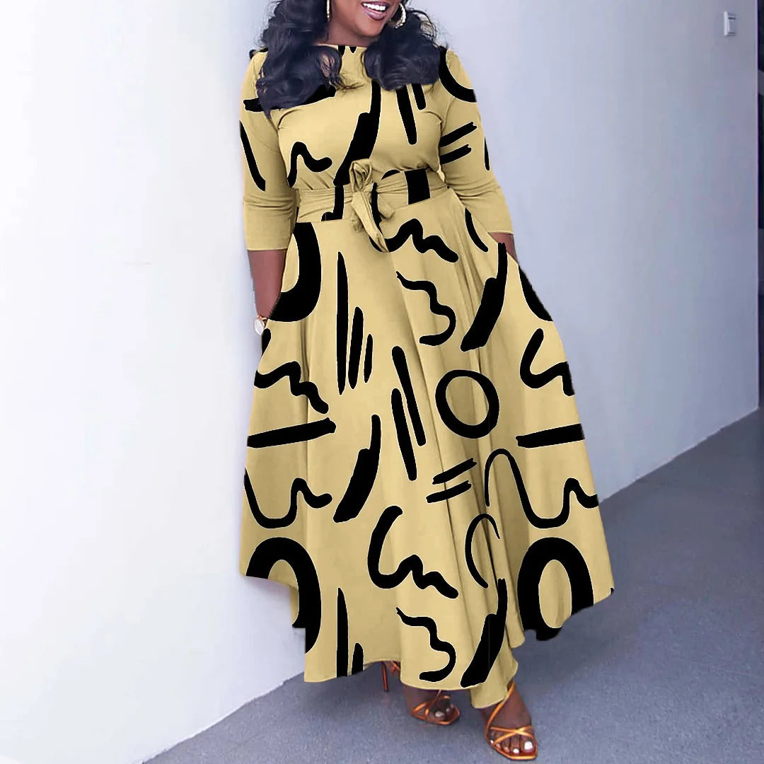 Women's 2024 Autumn New Style Fashionable Elegant Temperament Fashionable Printed Strap Waist Large Skirt Large Size Dress