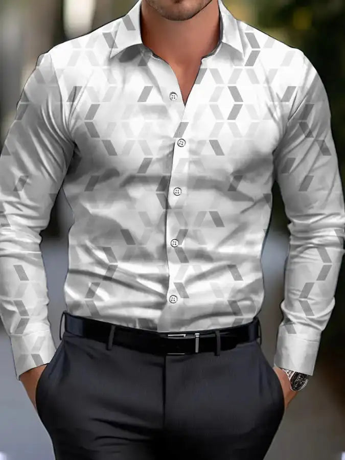Men's shirt regular lapel shirt men's 3d printing triangle geometric printing casual street long sleeve fashion printed shirt