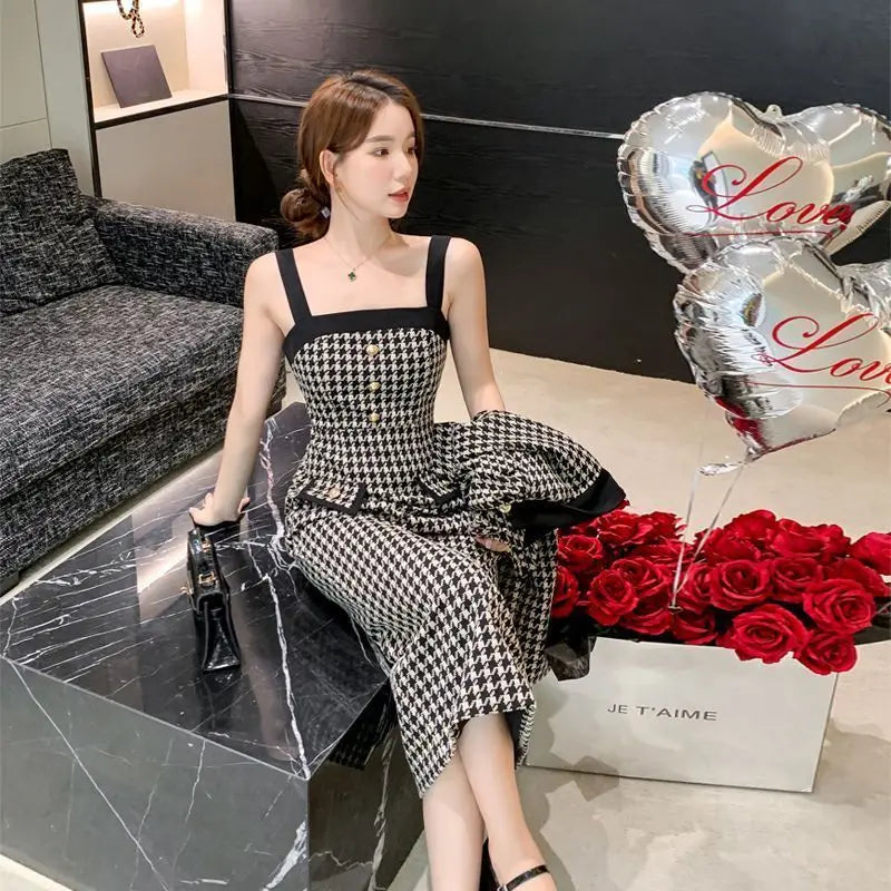 Spring Autumn New Dress Set Women Turn-down Collar Long Sleeve Button Patchwork Cardigan Elegant Slim All-match Slip Dresses