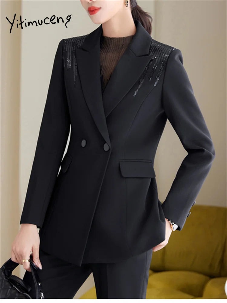 Yitimuceng Solid Office Wear Women 2 Piece Sets 2025 New Fashion Sequins Long Sleeve Blazers Chic High Waist Flare Pants Suits