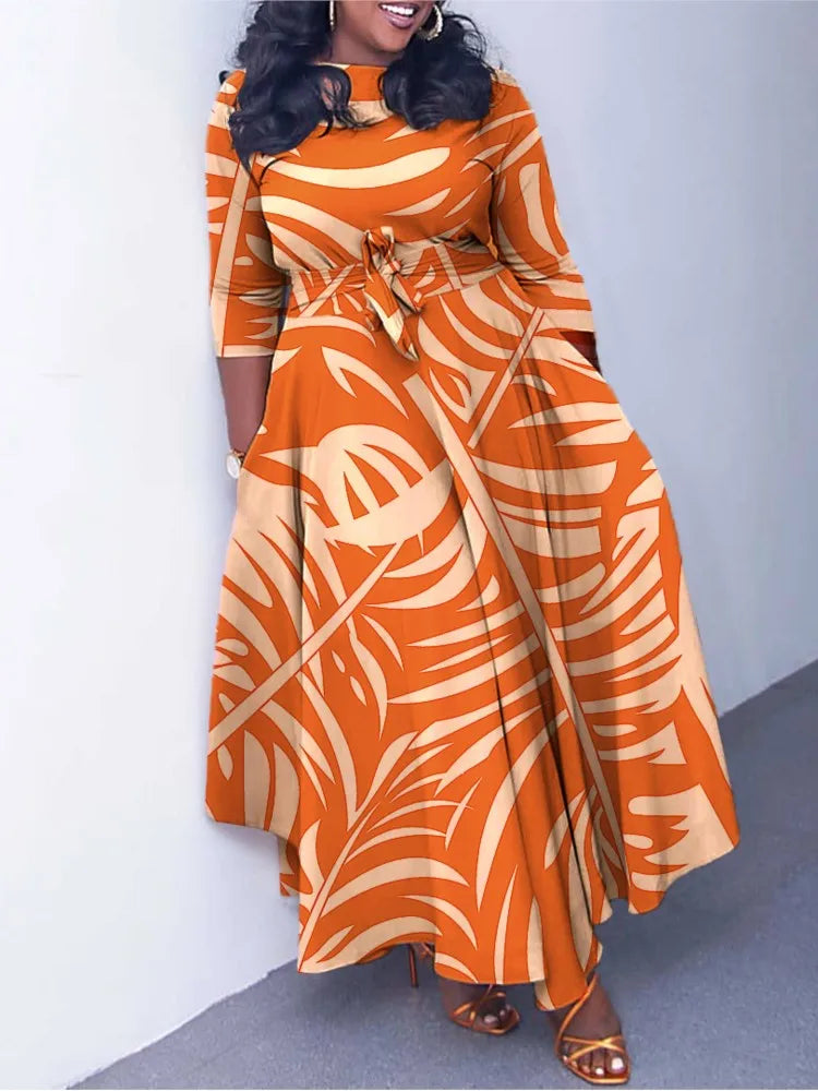 Women's 2024 Autumn New Style Fashionable Elegant Temperament Fashionable Printed Strap Waist Large Skirt Large Size Dress