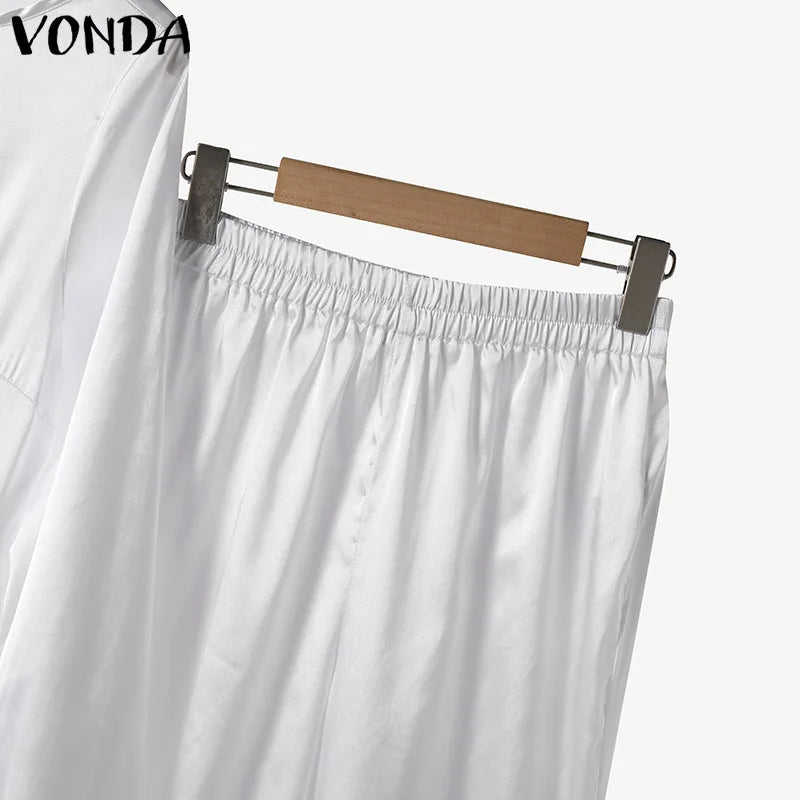 Plus Size VONDA 2024 Women Ruffled Sets Fashion Solid Color Suits Long Sleeve Irregular Top Patchwork Fitting Outfits 2pcs