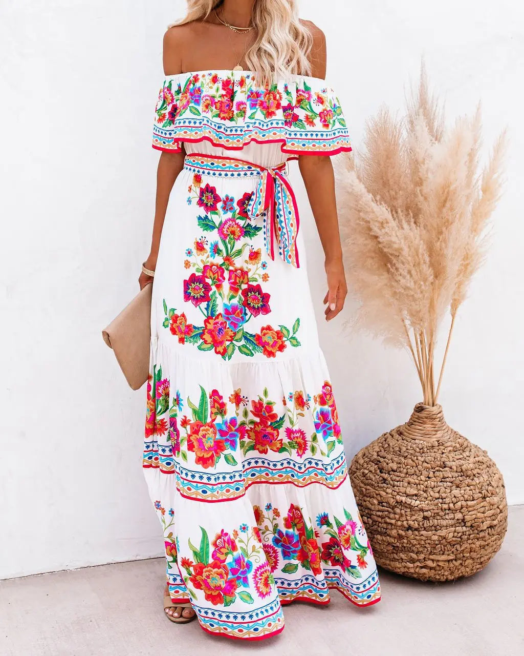 2024 Spring Summer Women's New Sexy One Shoulder Off Shoulder Fashion Red Flower Printed Lace Up Waist Long Swing Dress