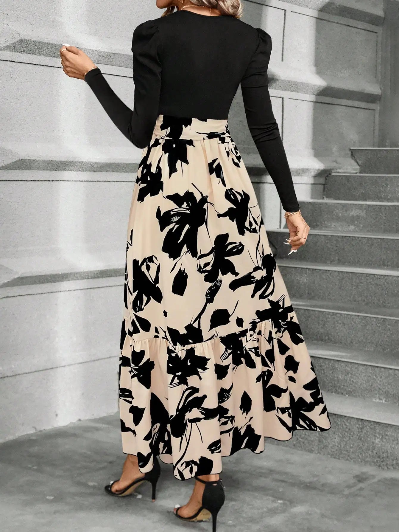 Spring and summer color combination high-waisted flower print dress woman elegant