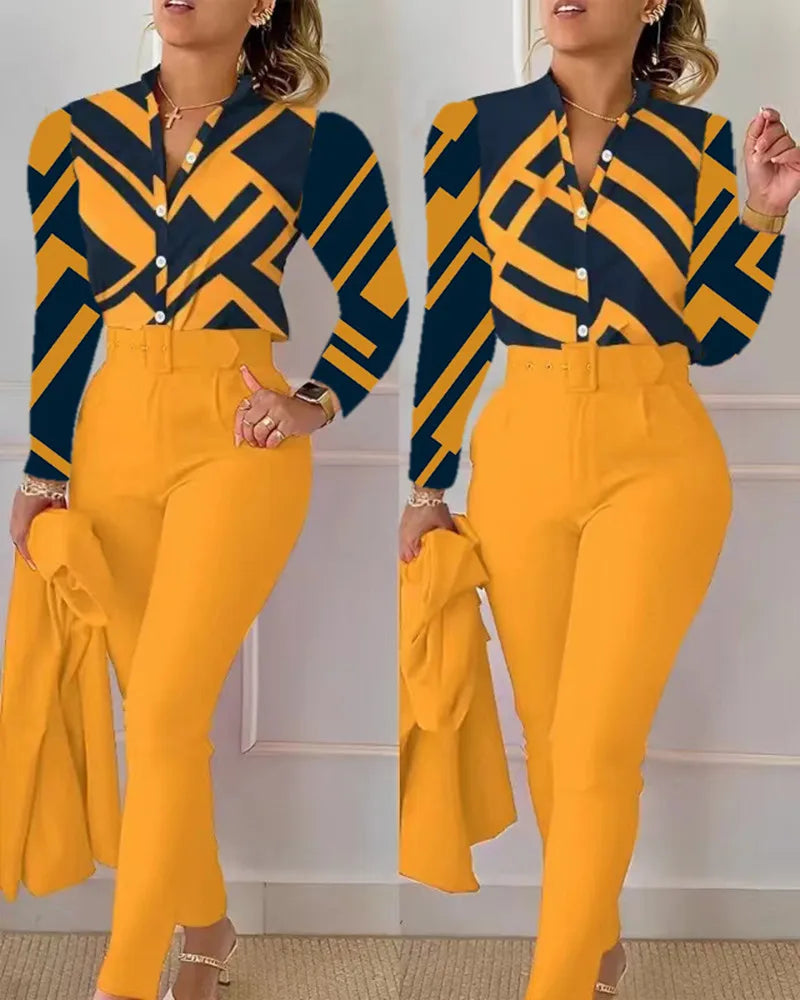 Women's Elegant Autumn/Winter Printed V-Neck Long Sleeve Button Shirt Top Fashion Solid Color Long Pants 2 Piece Set With Belt