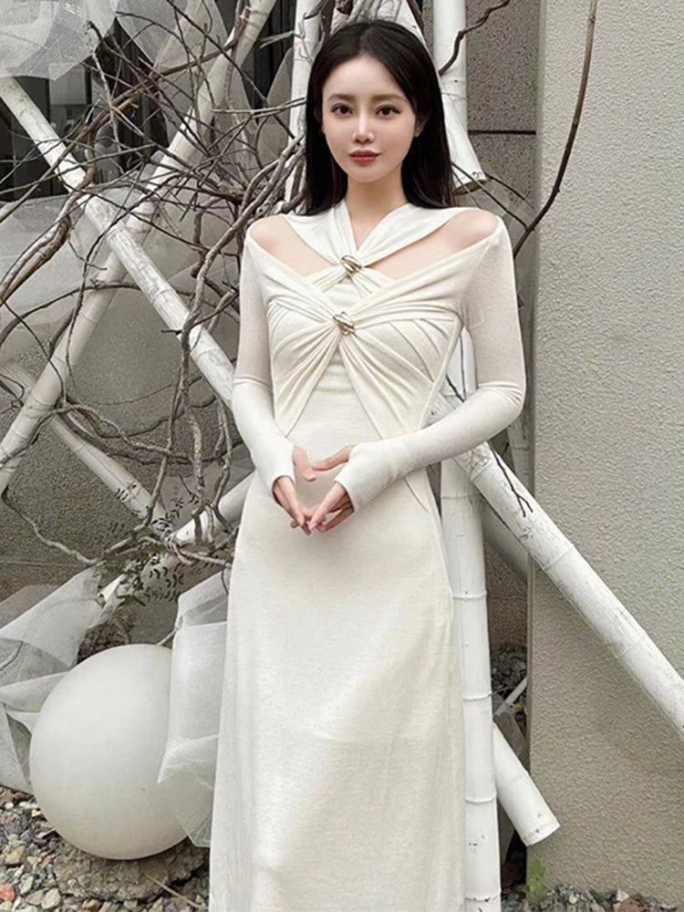 TWOTWINSTYLE Knitting White Dresses For Women V Neck Long Sleeve High Waist Hollow Out Slim Dress Female Summer 2023 Clothing