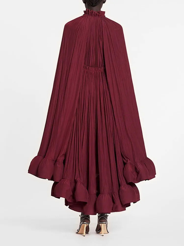 TWOTWINSTYLE Elegant Solid Dresses For Women V Neck Cloak Sleeves High Waist Spliced Lace Up Ruffles Pleated Dress Female Summer