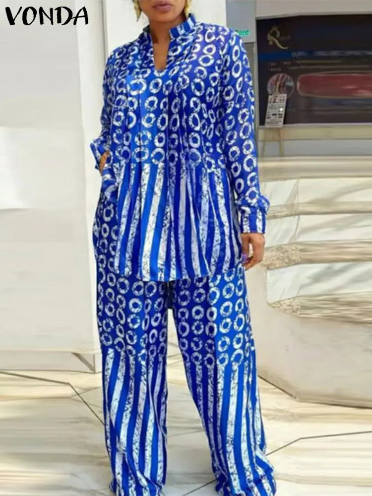 Plus Size 5XL VONDA Women Matching Sets 2024 Fashion Long Sleeve Suits Polka Dot Striped Shirts And Elastic Waist Pant Sets