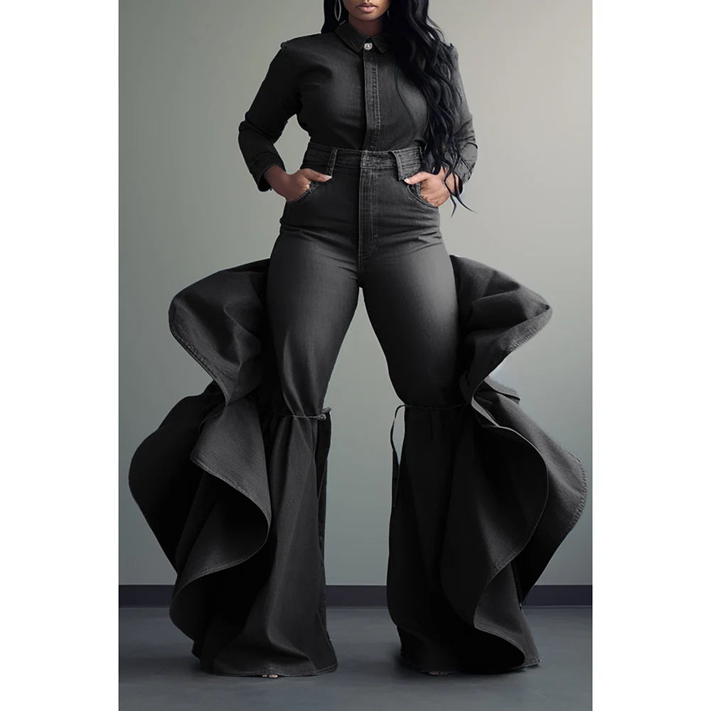 Plus Size Fashionable Women's Blue Jeans High Waist Ruffle Flared Casual Pink Denim Pants Spring Black Skinny Pants