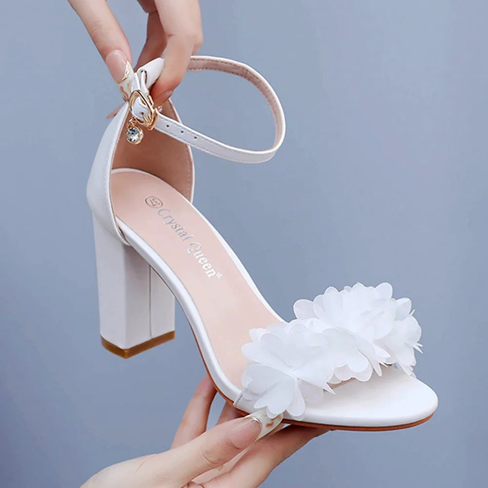 Flower Band Bridesmaide Shoes Woman Wedding High Heels Sandals Ankle Strap Wedges Cover Heeled Tacones Ladies Office Dress Pumps