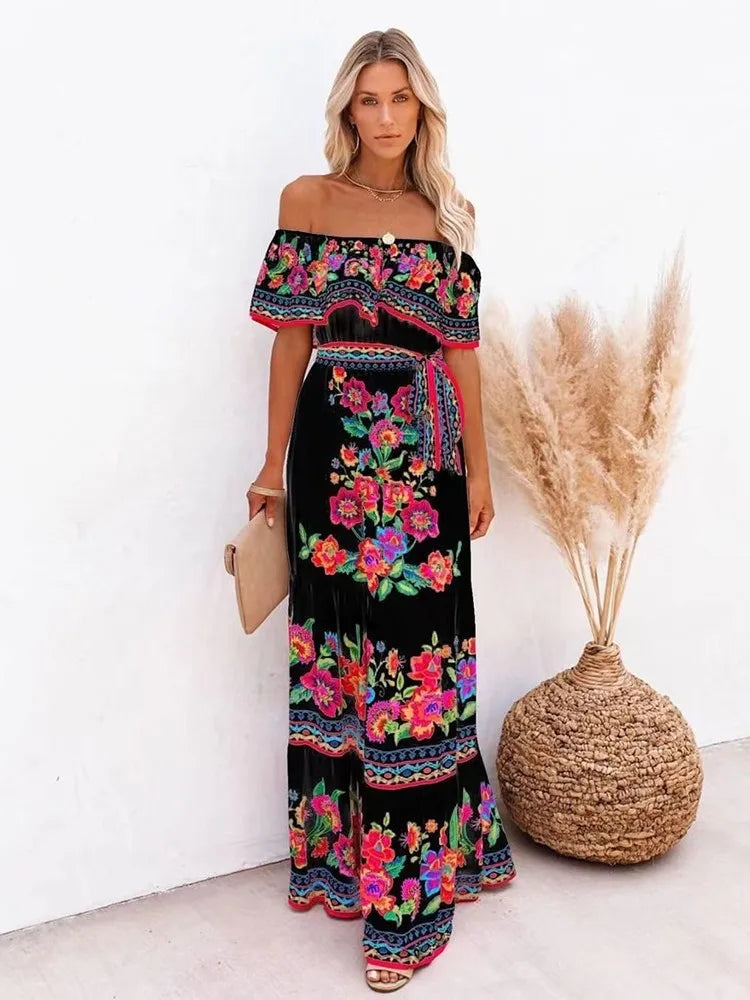 2024 Spring Summer Women's New Sexy One Shoulder Off Shoulder Fashion Red Flower Printed Lace Up Waist Long Swing Dress