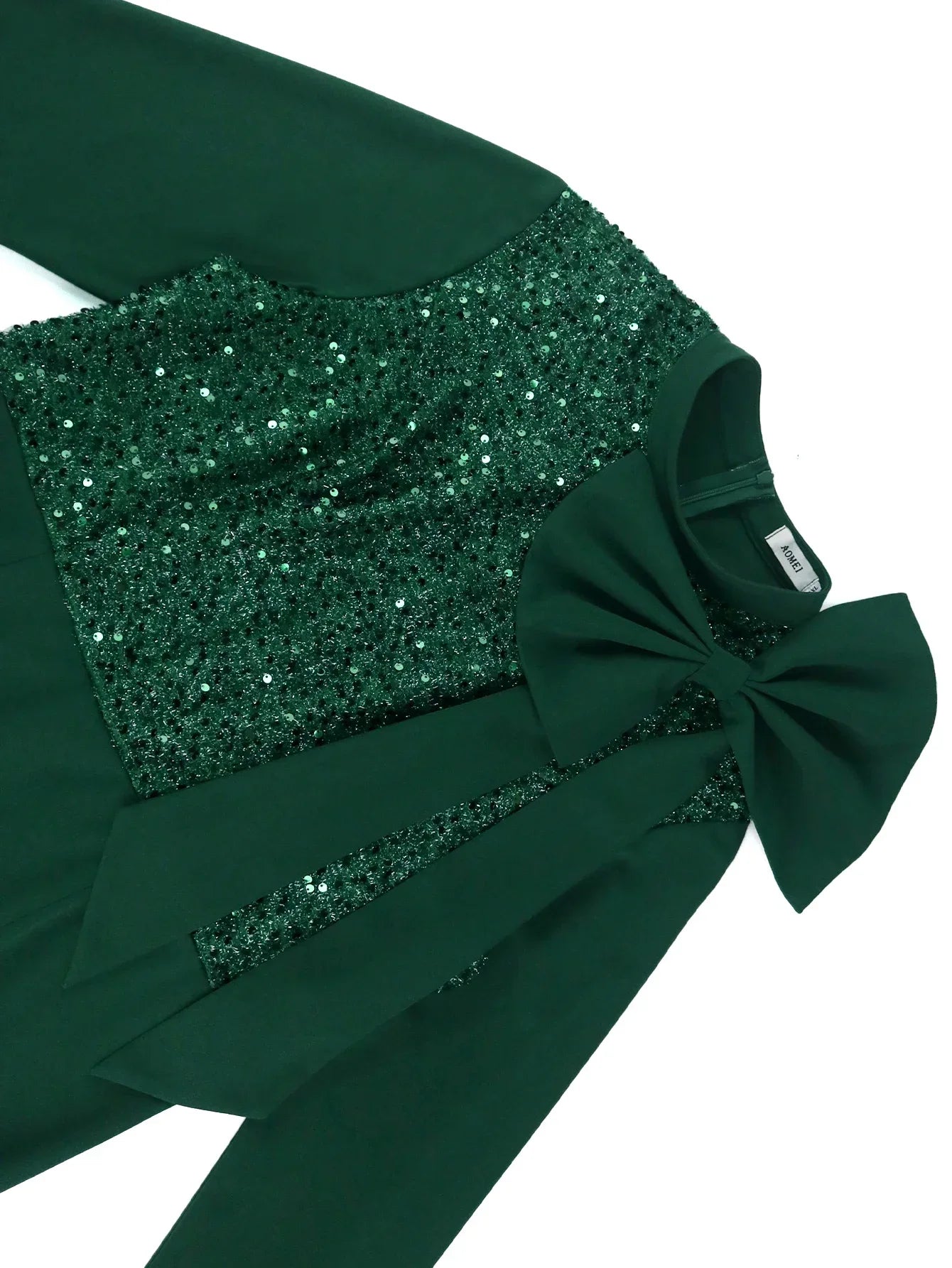 Elegant Green Shiny Sequined Dresses with Bow Long Flare Sleeves Mermaid Christmas African Brithday Party Occasion Event Robes
