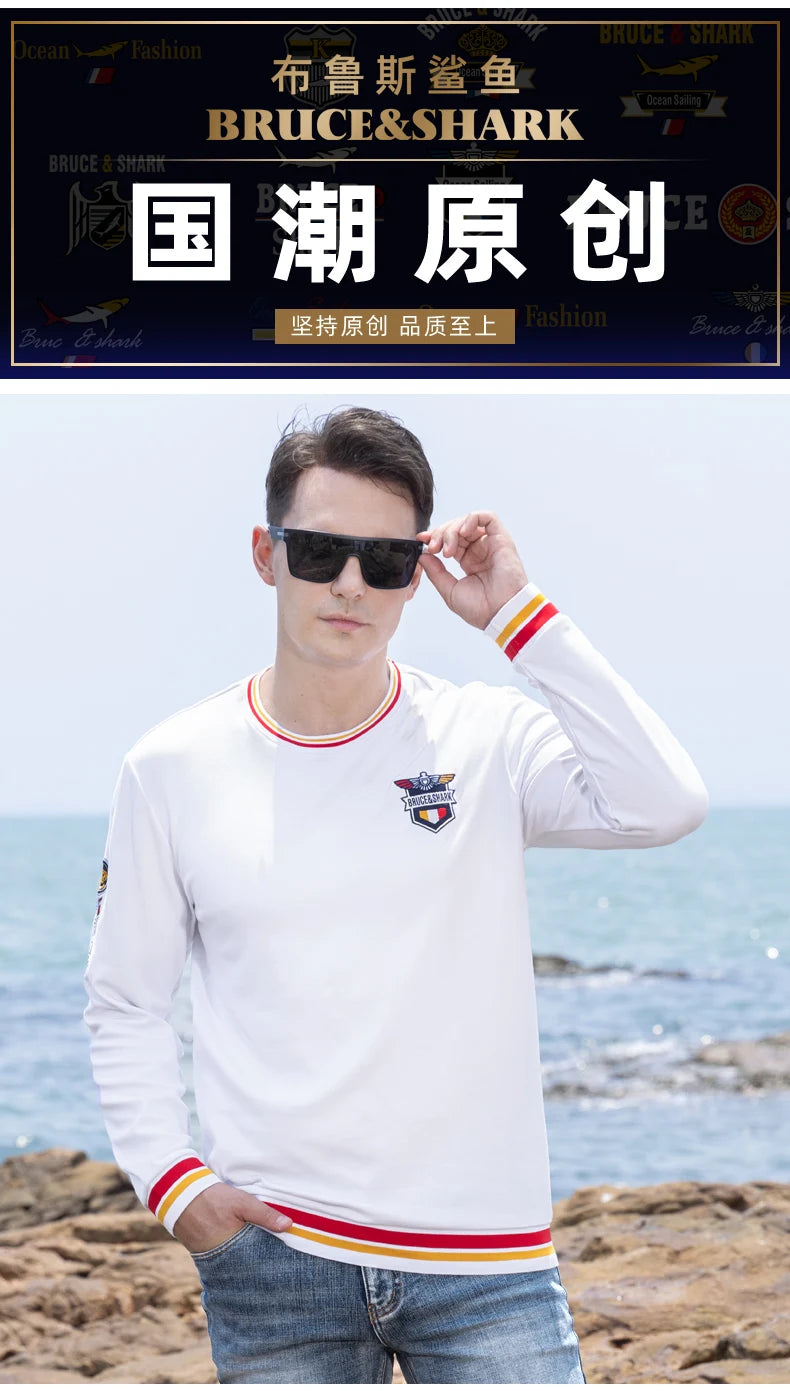 Spring New Men' T-Shirts Round Neck Solid Color Long sleeved Tops Bruce&Shark Thicken Stretch Cotton Men's Clothing Korea Style