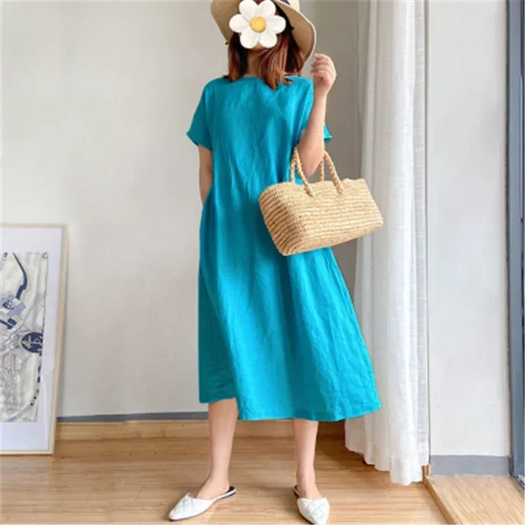 New in Spring Summer Women's Dress Elegant Casual Loose Short Sleeve Tops A-LINE Oversize Solid Midi Dresses for Women Clothing