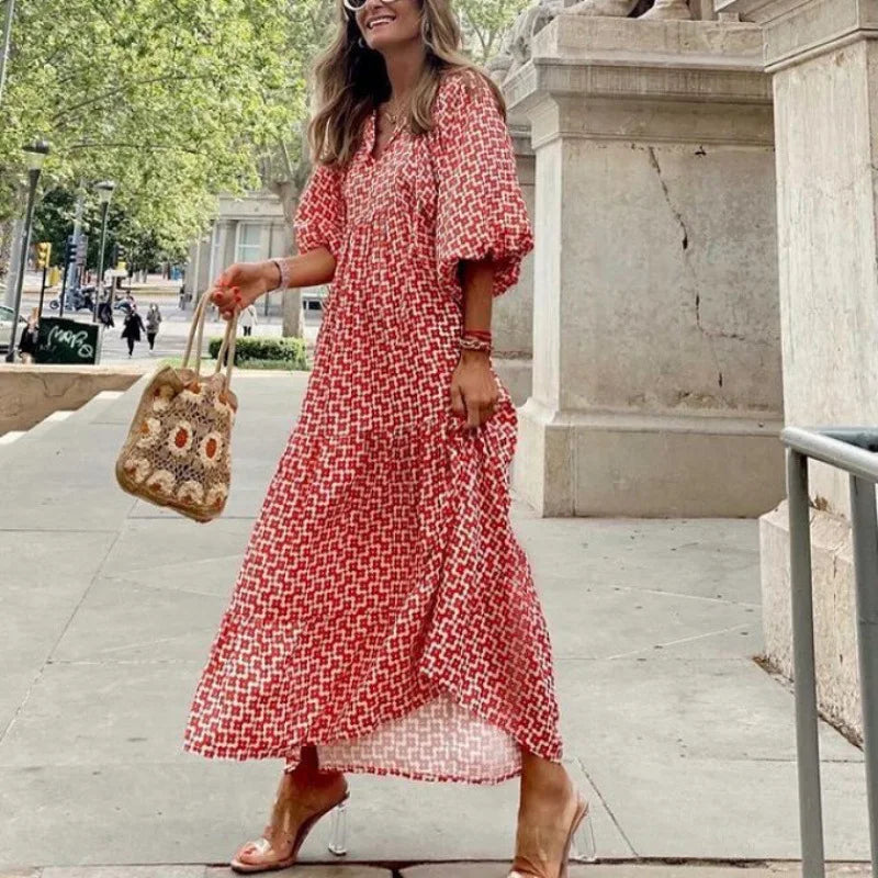 Spring Summer Loose Maxi Dresses Bohemian Floral Print Puff Sleeve V-Neck 2025 New Beach Dress Bodycon Casual Boho Vestidos Robe