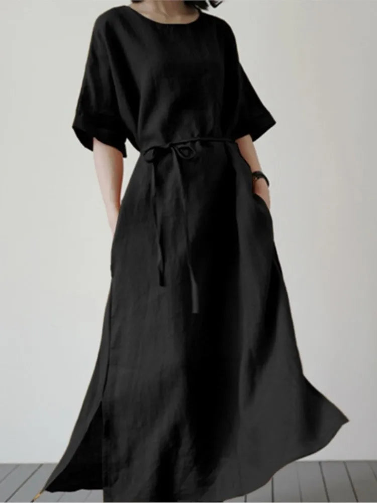 Spring Summer Women's Long Dresses Fashionable Split Hem Skirts Short Sleeves Casual Waistbands Cotton Linen Dresses For Women