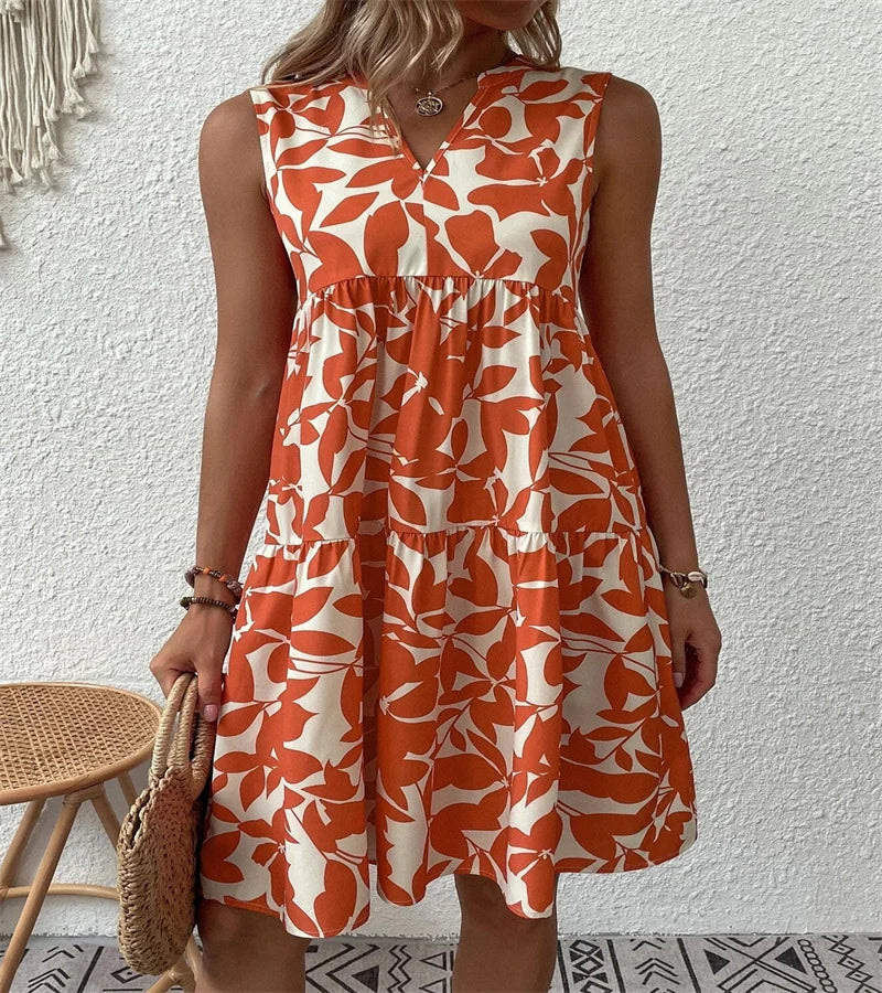 Spring and summer 2024 European and n Ladies Elegant Dress Bohemian fashion loose V-neck ruffle print dress