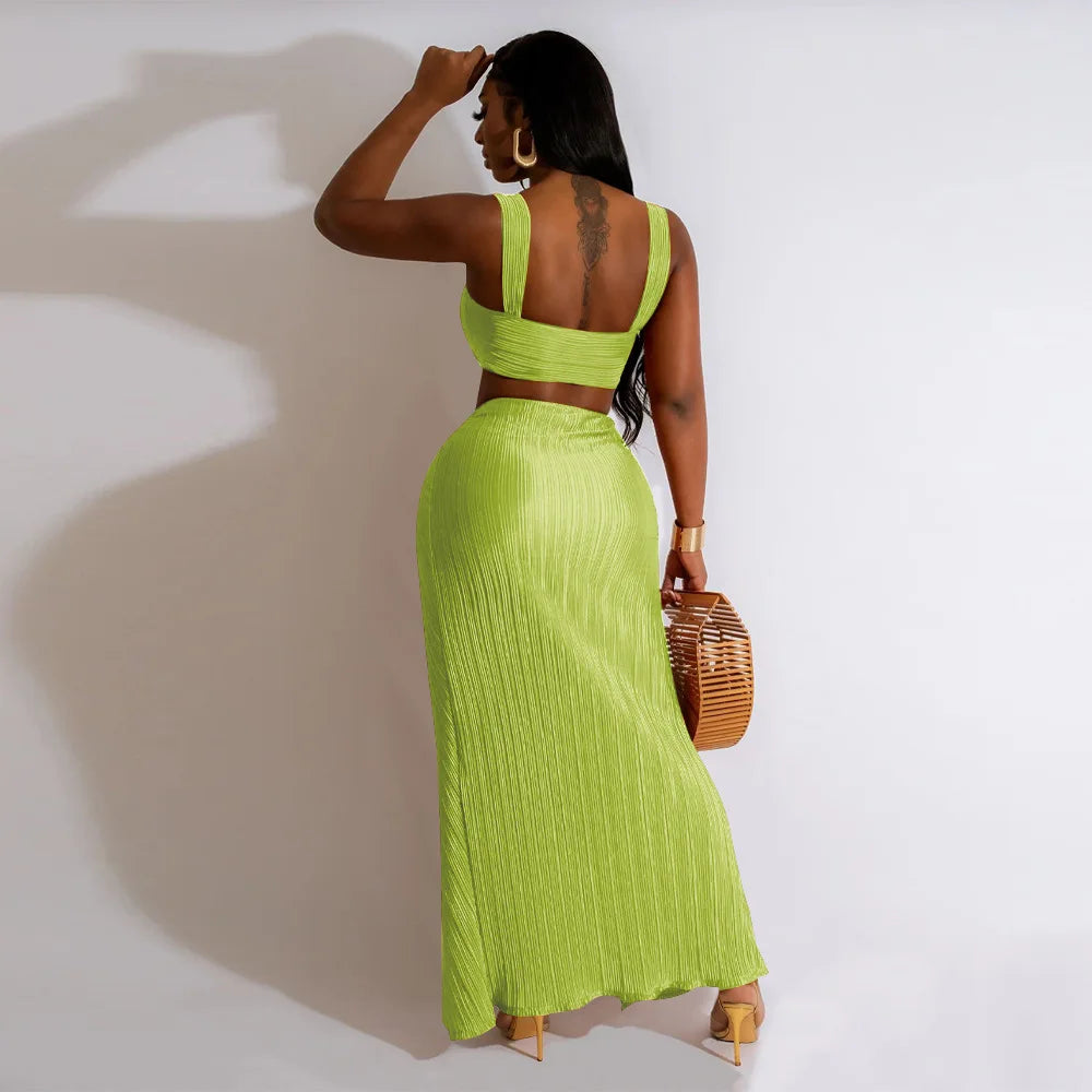 Summer Dresses for Women Two Pieces Set Sexy Backless Halter Top and High Waist Side Slit Pleated Skirt Matching Lady Streetwear