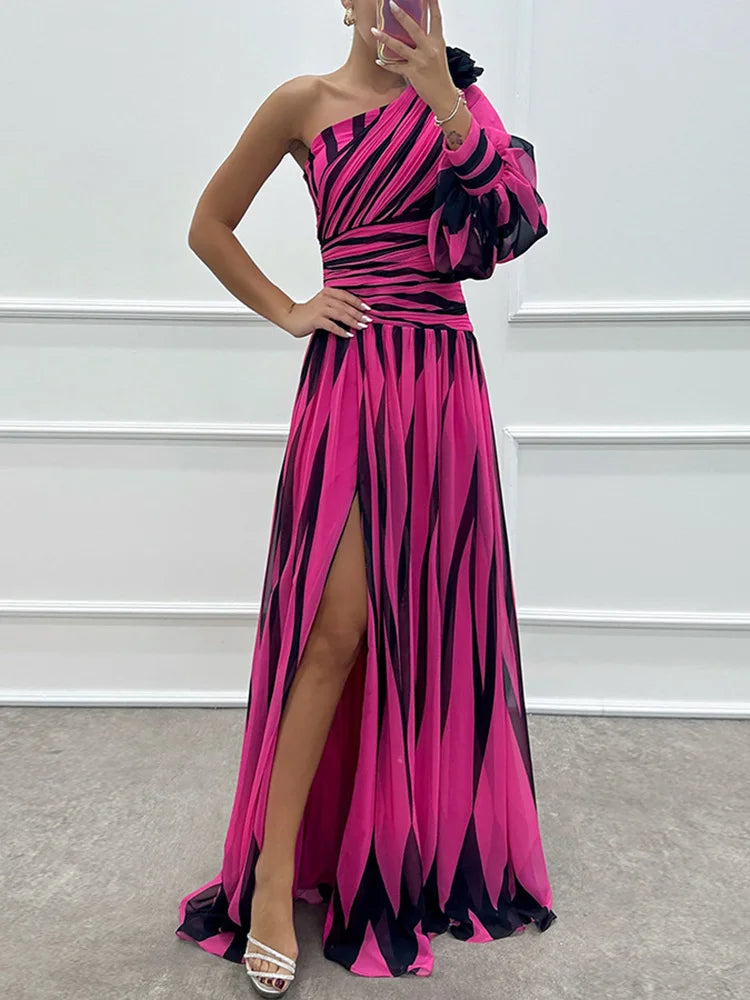 Spring Summer One Off Shoulder Fashion Party Dress, Women Printing Skew Collar Slim Maxi Dress, Long Sleeve Elegant Ladies Dress