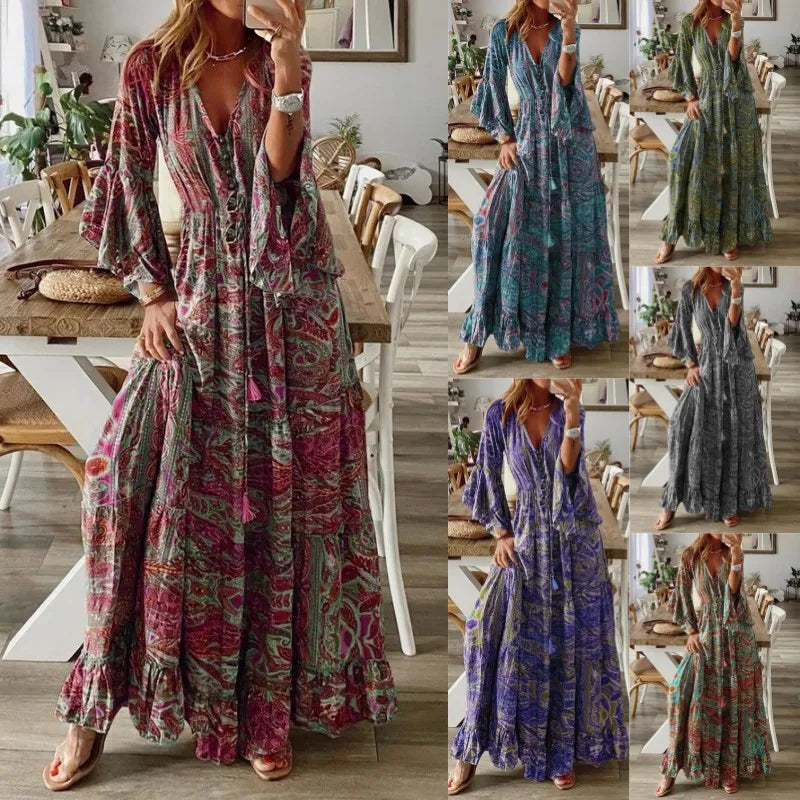 Spring Autumn Fashion Women's Dress Bohemian Style Retro Printed V-neck High Waist Bell Sleeve Loose Casual Floral Long Dress
