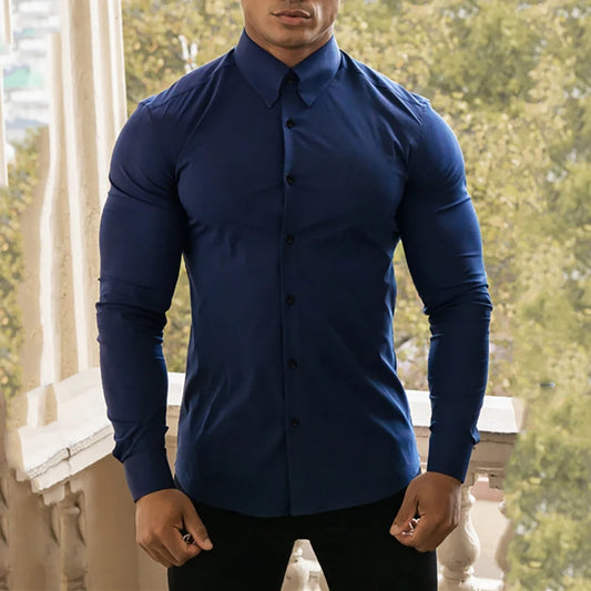Spring Autumn New Fashion Long Sleeve Shirt Mens Super Slim Fit Luxury Classic Turn-down Single Breasted Business Dress Shirt