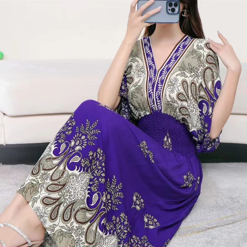 Spring New In Women's Dress V-Neck Short Sleeve Dress Elegant Sweet Print Dress Casual Retro Boho Elastic Waist A-Line Dress