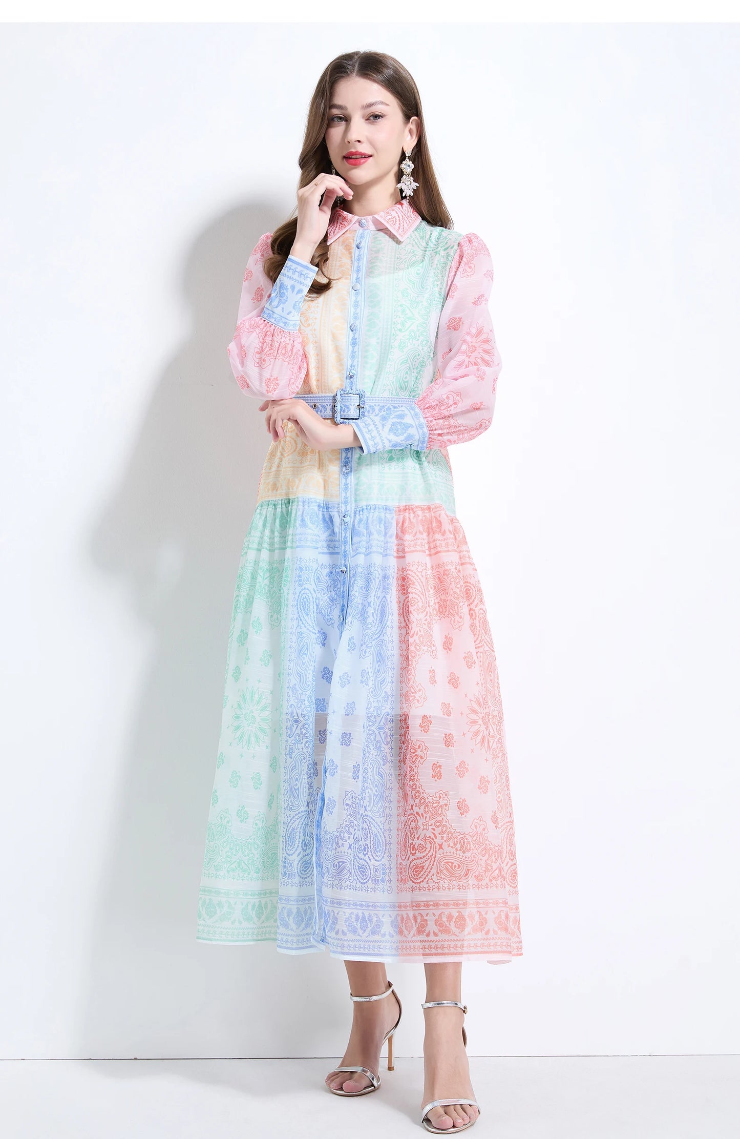 Spring Summer 2025 New Women Fashion Rainbow Print Elegant Shirt Long Dresses Vintage Single Breasted Party Dress Bohemian Trend