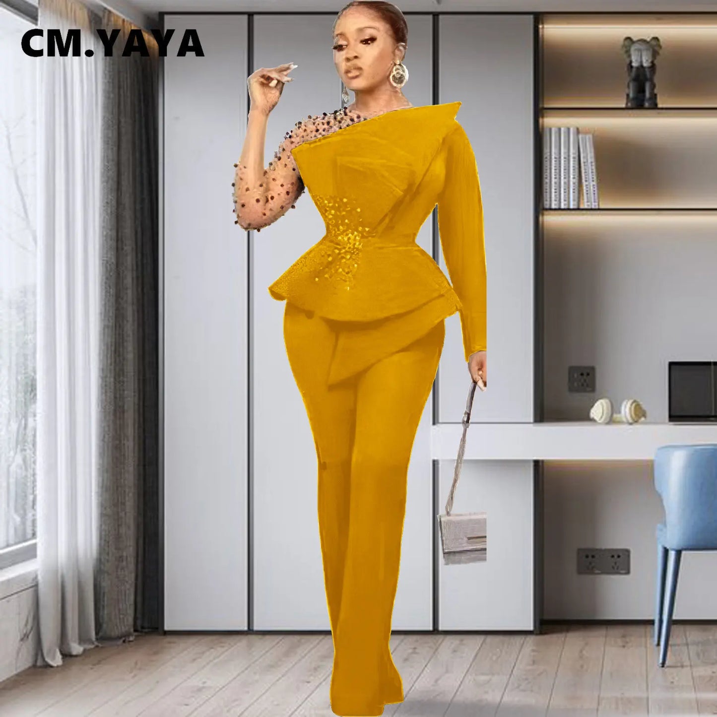 CM.YAYA Vintage Women Beading Mesh Patchwork Ruffles Fan-shaped Blazer Tops and Pants Suit Two 2 Piece Set Outfits Tracksuit