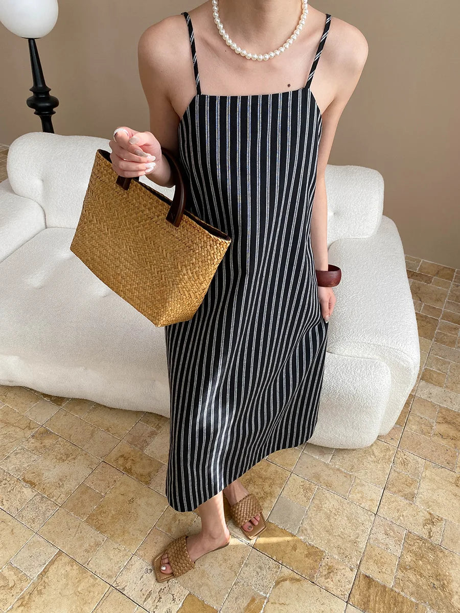Spring and summer women's casual striped loose suspender dress