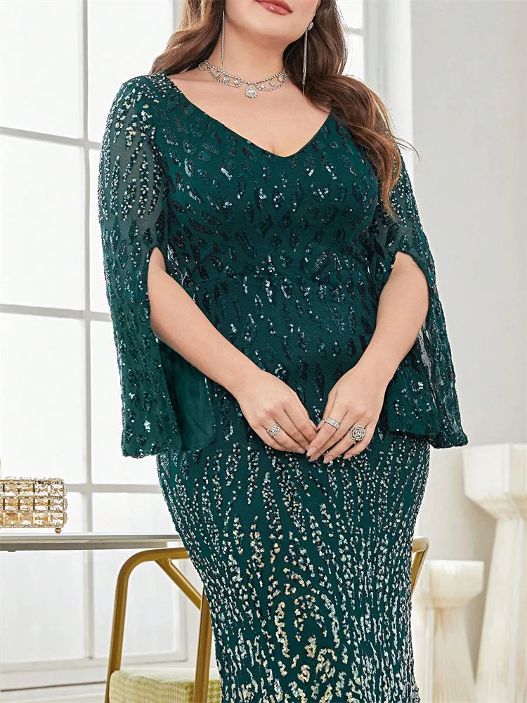 Plus Size Elegant Sequin Black Evening Dress 2025 Women Formal Maxi Prom Long Sleeves Party Luxury Cocktail Bridesmaid Gowns