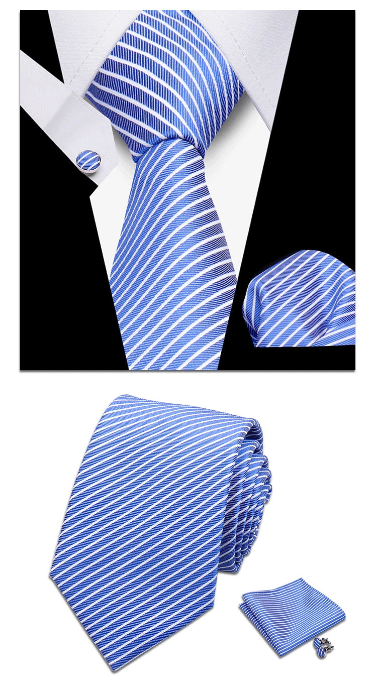 Classic Elegant Ties For Men Fashion Gifts Striped Solid Necktie Handchief Cufflink 3 Pcs Set Wedding Business Suit Accessories
