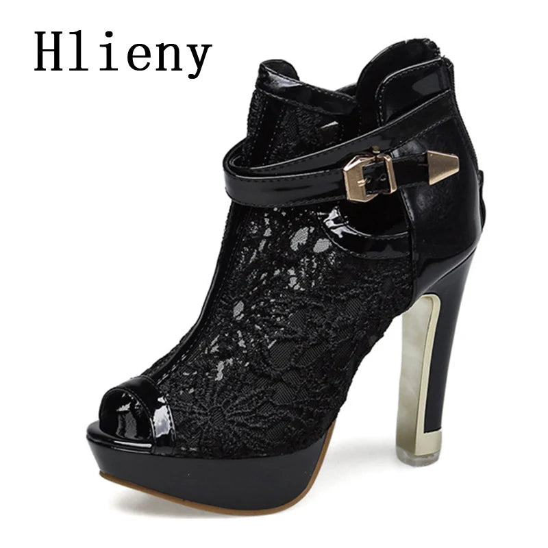 Hlieny Autumn Sexy Mesh Fabric Platform High Heels Boots Sandals Women Peep Toe Nightclub Party Stiletto Female Shoes