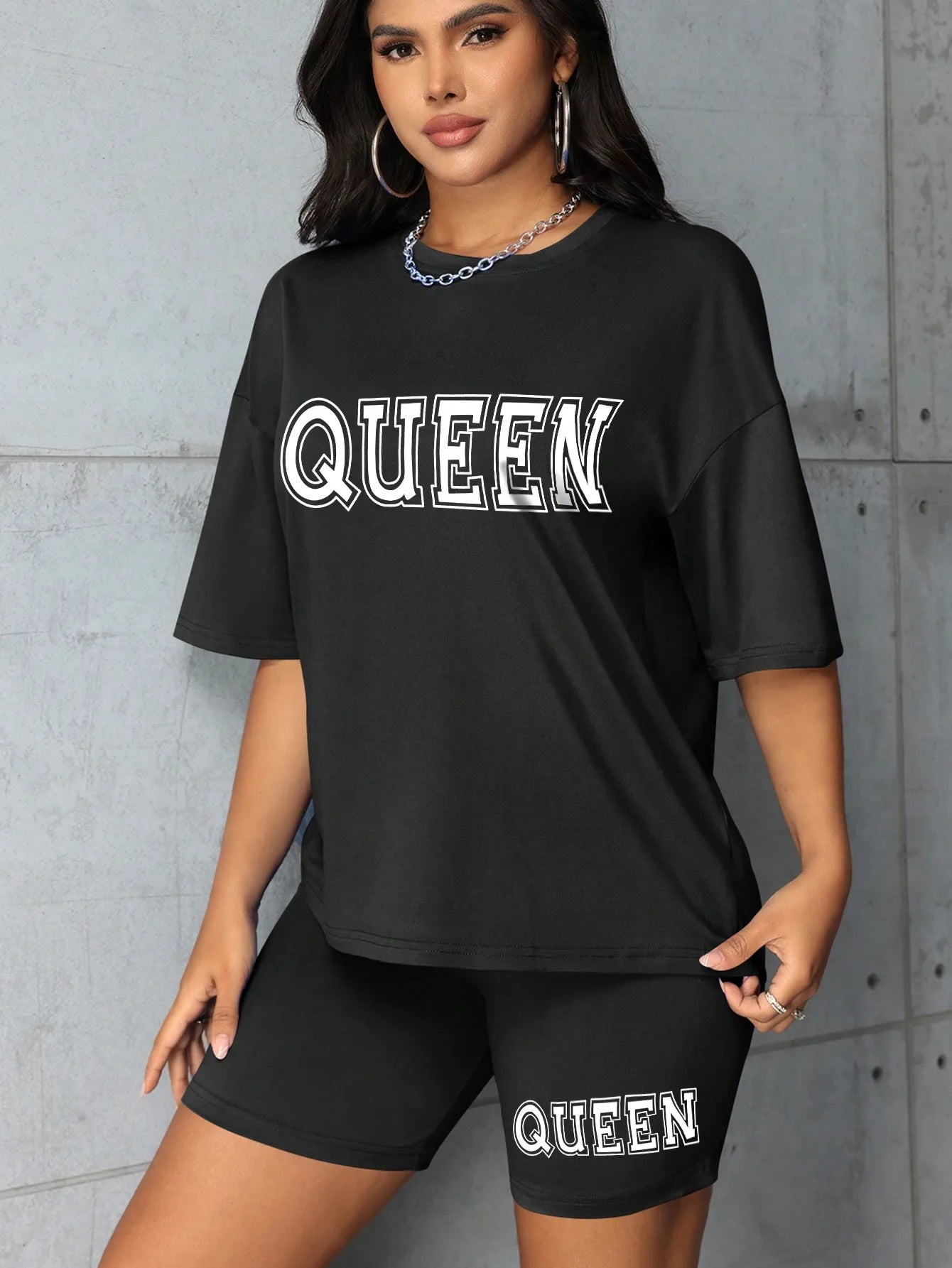 Plus size fashionable all-match shorts short-sleeved suit queen letter print simple and comfortable two-piece suit 2024 New