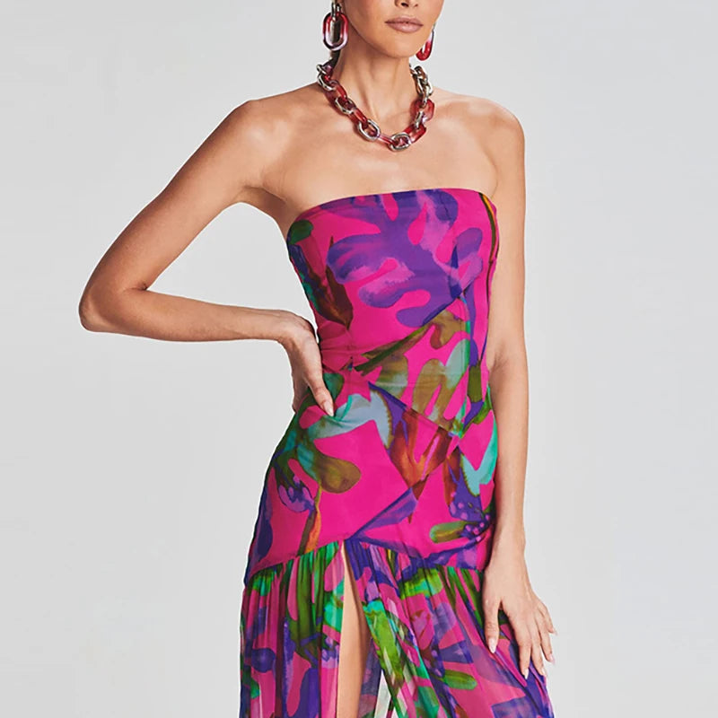 Women's Trendy Printed French Dresses Spring Sexy Strapless Split Hem Pleated Dress Summer Off Shoulder Backless Boho Long Dress