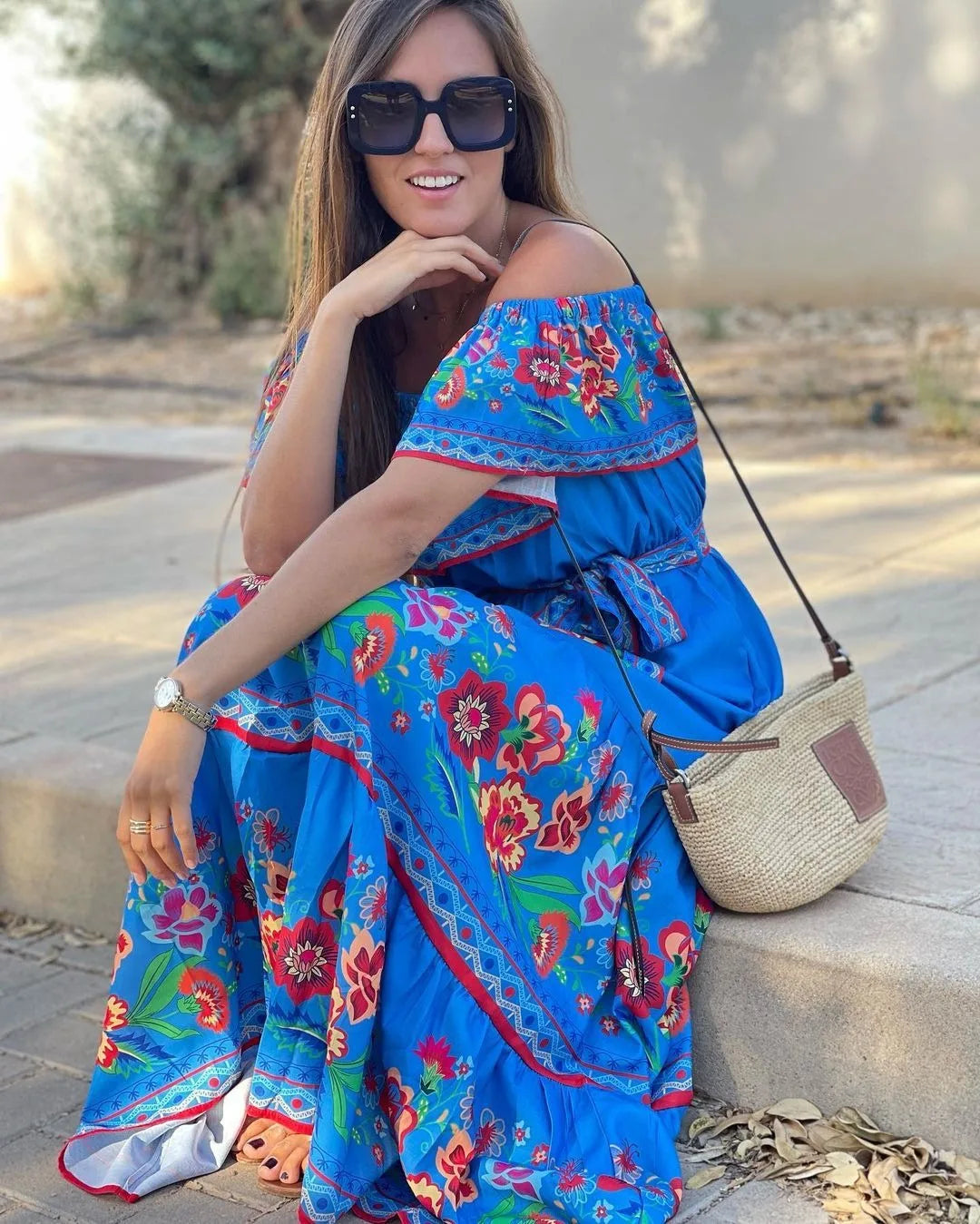 2024 Spring Summer Women's New Sexy One Shoulder Off Shoulder Fashion Red Flower Printed Lace Up Waist Long Swing Dress