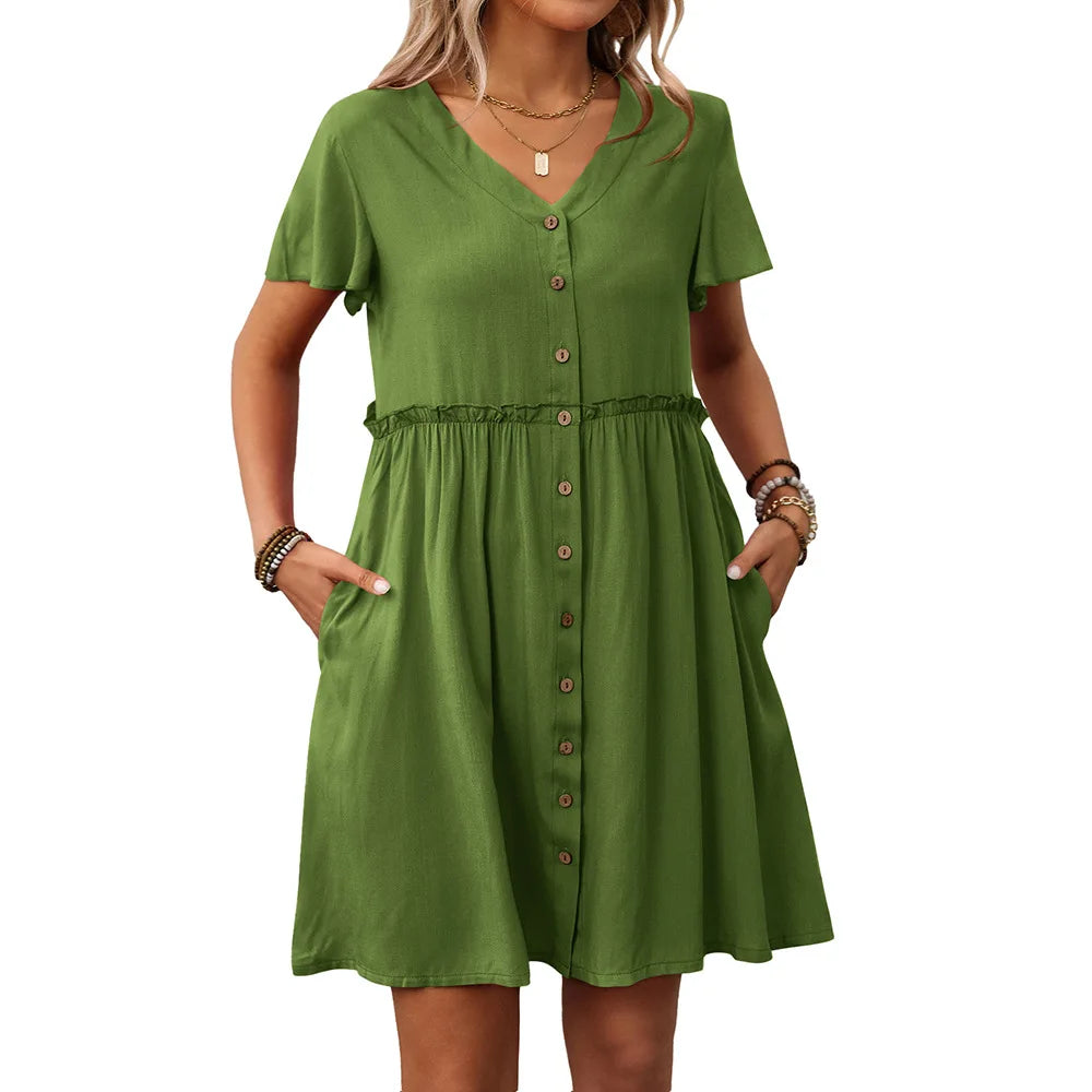 Spring Summer Button Down Dress Flutter Sleeve Cotton Linen A Line Dress With Pockets Beach Summer Knee Length Dresses For Women