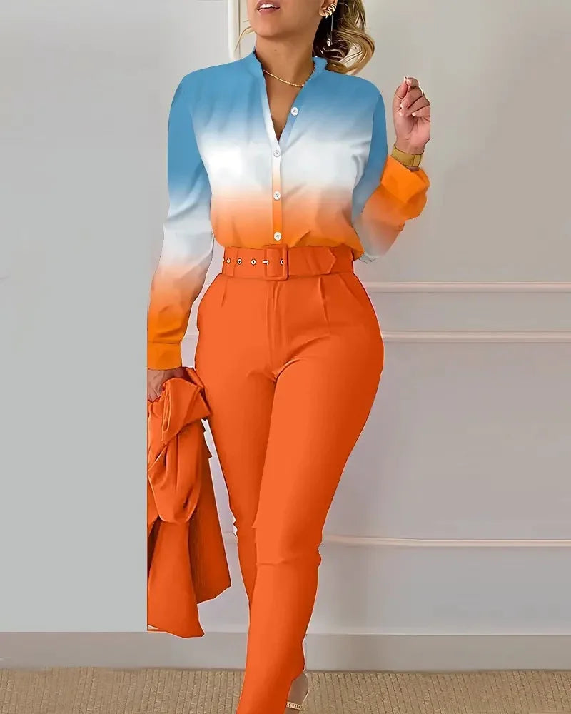 Women's Elegant Autumn/Winter Printed V-Neck Long Sleeve Button Shirt Top Fashion Solid Color Long Pants 2 Piece Set With Belt